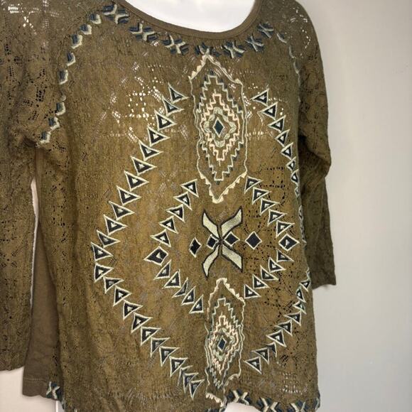Free People Olive Green Crochet Sheer Boho Hippie Embroidered Top Sz S - Picture 2 of 5